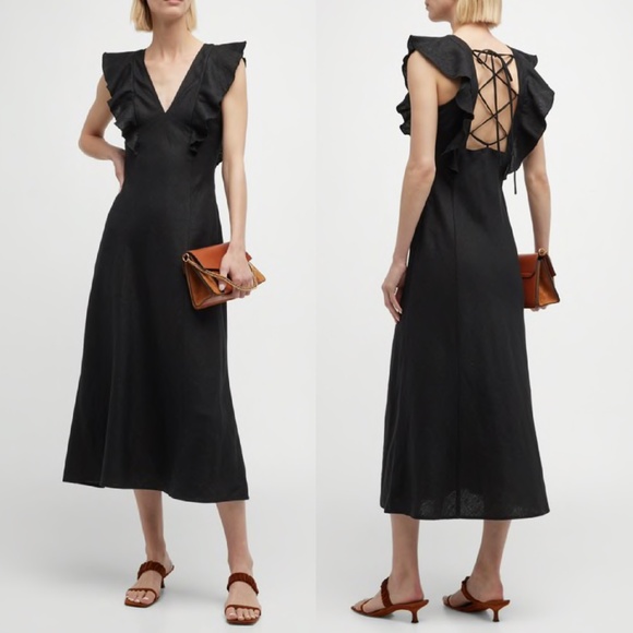 NEW RAILS Black CONSTANCE Linen FLUTTER SLEEVE Lace-up Back MIDI DRESS M - Picture 1 of 16